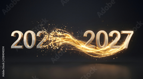 3D 2026 transitioning to 2027 new year concept background with golden wave lighting effect