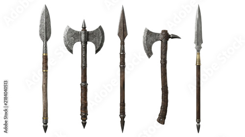 Fotografie Collection of ancient medieval weapons including spears and axes on a white back