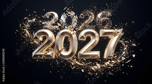 3D metallic 2026 transforming into 2027 new year concept background illustration with glitter sparks