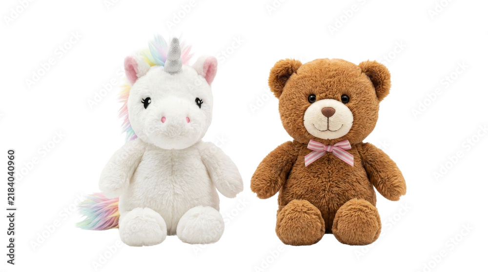 Fototapeta premium Cute plush unicorn and teddy bear friends sitting together on white background