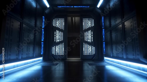 Dolly shot of sci fi corridor door sliding open revealing dark metallic spaceship interior with blue accent lights
