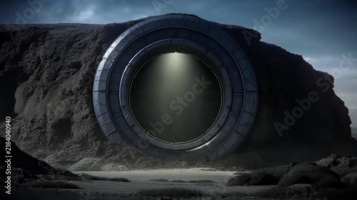 Slow dolly in view of large circular portal embedded in rocky cliff with beam of light illuminating sandy desert foreground at dusk