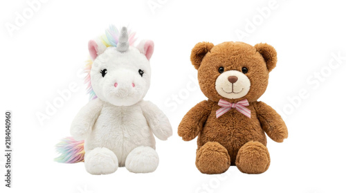 Obraz na plátne Cute plush unicorn and teddy bear friends sitting together on white background