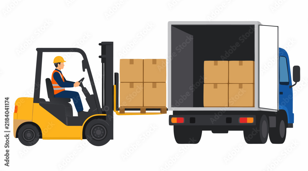 Naklejka premium Forklift Driver in Hard Hat Loading Cardboard Boxes Into Delivery Truck Inside Warehouse Flat Vector Illustration - professional high resolution commercial stock detailed commercial stock imagery