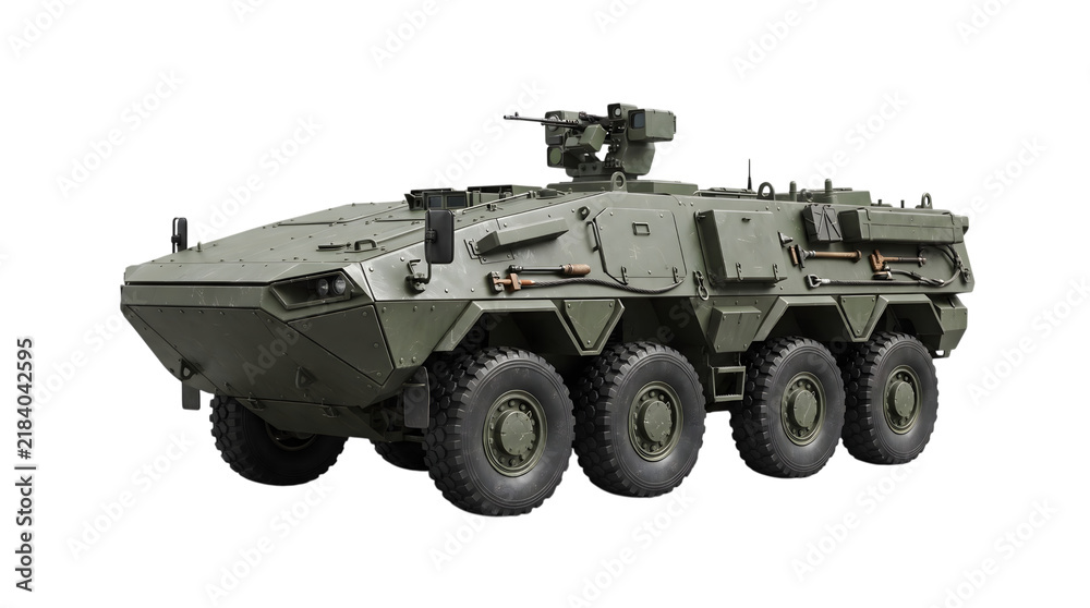 Fototapeta premium Military armored personnel carrier vehicle on isolated transparent background PNG
