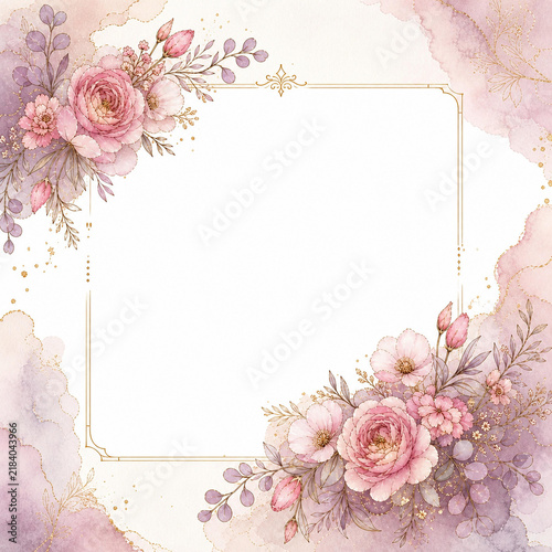 Delicate gold frame template with romantic pink watercolor roses and mauve floral elements