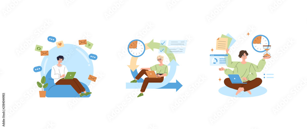 Fototapeta premium Remote workers managing tasks and messages on laptops set