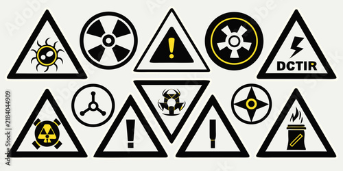 Collection of yellow triangular warning signs with various hazard symbols for safety, danger, and caution alerts in industrial and public settings. vector icon