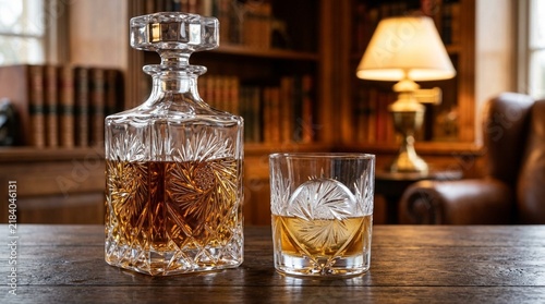 Crystal Decanter and Glass of Amber Whiskey in Library Setting