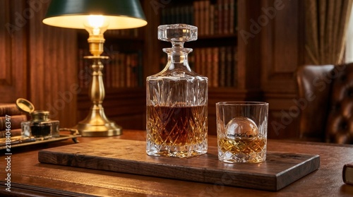 Crystal Decanter and Glass with Whiskey, Library Atmosphere