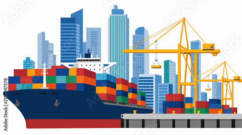 Large container ship loaded with stacked multicolored shipping containers docked at concrete pier with yellow cranes and modern city skyline background vector illustration
