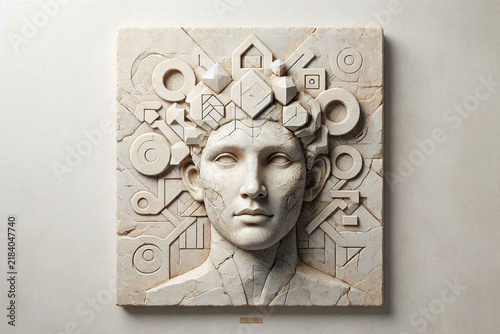 Distorted Human Head Emerging From Stone, Visual Metaphor of Mental Overload