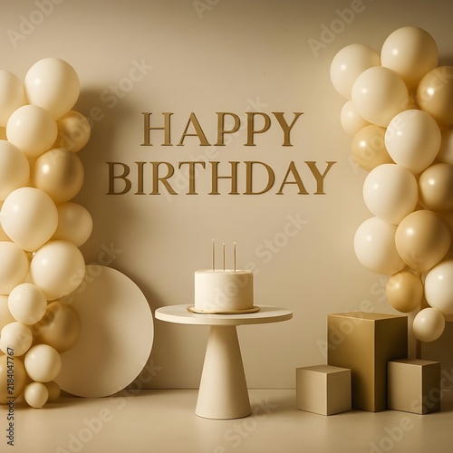 Elegant Neutral Birthday Party Setup With Cake, Balloons, Minimalist Gold Decorations And Pedestal

