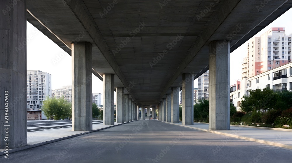 Obraz premium Underneath a concrete overpass a long straight road stretches between repeating pillars with urban buildings visible in the distance under clear
