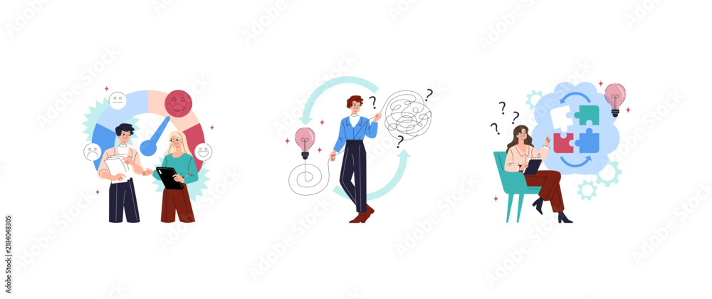 Fototapeta premium Problem Solving and Team Evaluation Process Vector Set