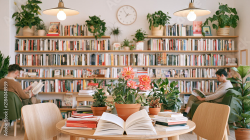 Cozy reading nook, diverse group enjoying books and coffee, vibrant plants and warm lighting create a relaxing atmosphere.