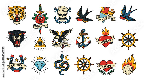 Classic Tattoo Flash Sheet - Tigers, Eagles, Skulls, Hearts, Anchors