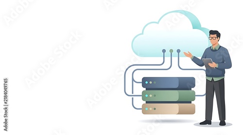 Consultant holds digital tablet showing cloud computing infrastructure with servers and connectivity.