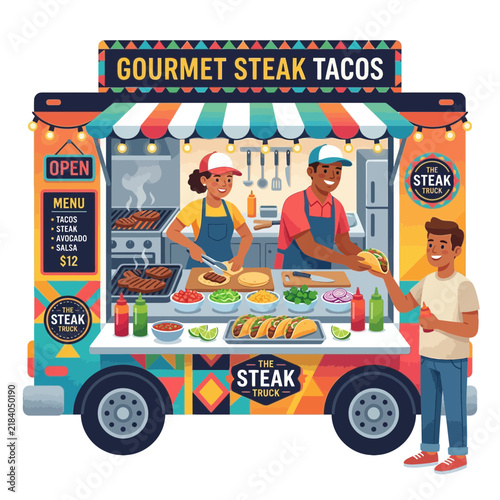 Gourmet Steak Tacos Food Truck, Street Food, Casual Dining, Diverse Staff & Customer