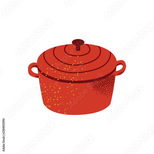 Red Dutch Oven Cooking Pot with Lid and Textured Speckled Finish, Ceramic Cast Iron Kitchenware Flat Vector Illustration