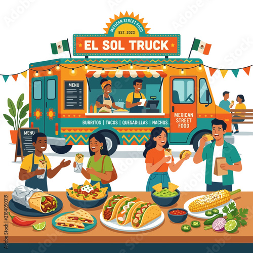 Happy people eating delicious Mexican street food from colorful truck