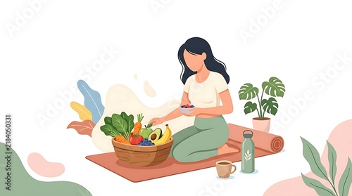 Woman sitting on yoga mat with healthy food basket and beverage in bright home space for wellness.