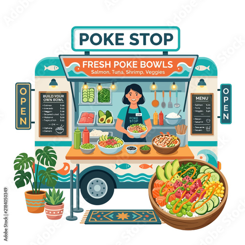 Happy Woman Serving Fresh Poke Bowls from Food Truck - Healthy Cuisine