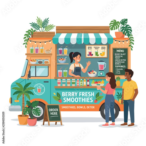 Healthy Food Truck: Fresh Berry Smoothies & Bowls with Customers