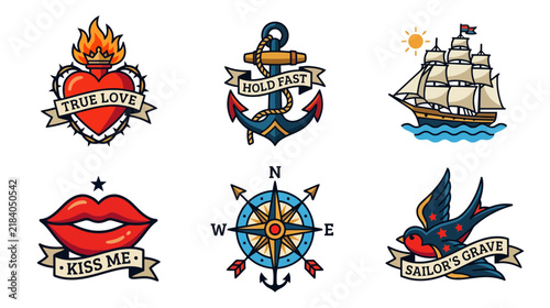 Nautical & Love Tattoo Flash Set: Anchor, Ship, Heart, Lips, Compass, Swallow
