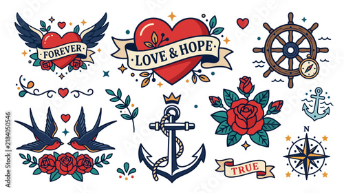 Nautical & Love Tattoo Designs: Heart, Anchor, Swallows, Compass, Rose