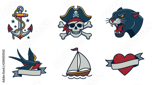 Nautical & Pirate Tattoo Flash Set - Anchor, Skull, Panther, Bird, Boat, Heart