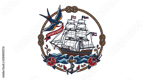 Nautical Emblem: Tall Ship, Swallows, Anchor, Roses, Rope