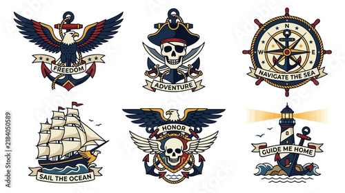 Nautical and Patriotic Tattoos: Eagle, Pirate, Ship, Lighthouse, Compass