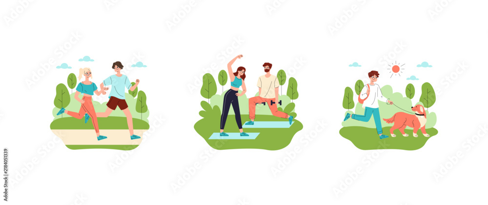 Fototapeta premium People exercising outdoors running training and dog walking