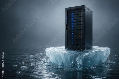 Server rack stands on melting ice. Space for text.