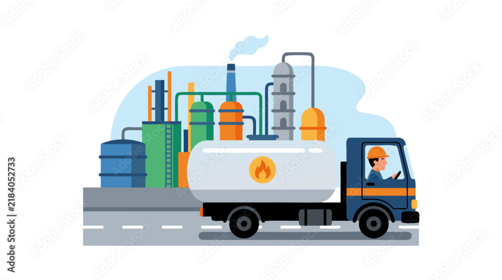 Fototapeta premium Flat design vector illustration of blue oil tanker truck with fuel symbol driven by worker in orange hard hat passing simplified industrial refinery with cylindrical storage tanks and pipes