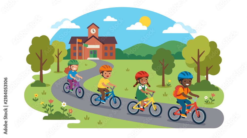Fototapeta premium Four diverse happy children wearing colorful safety helmets riding bicycles along a winding path toward a red brick school building with clock tower, green rolling hills, blue sky with sun and clouds