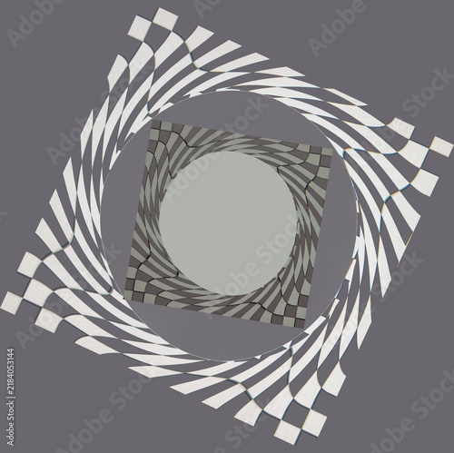 Abstract pattern overlaps square & circle design elements with checkerboard game & telescoping circles that introduce colors in playful trailing designs around center round form.