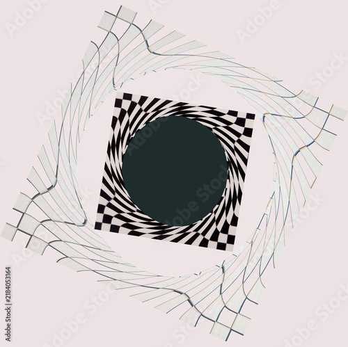 Abstract pattern overlaps square & circle design elements with checkerboard game & telescoping circles that introduce colors in playful trailing designs around center round form.