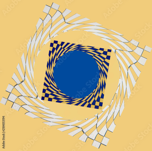 Abstract pattern overlaps square & circle design elements with checkerboard game & telescoping circles that introduce colors in playful trailing designs around center round form.