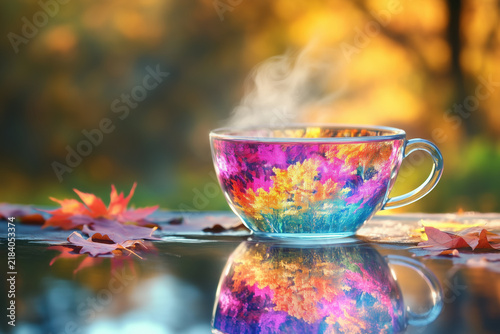 Glass cup filled with colorful autumn leaves and hot steam outdoors.