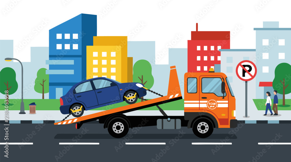 Naklejka premium Flatbed tow truck hauling improperly parked blue car from no-parking zone on city street with colorful buildings, flat vector illustration for parking enforcement and urban towing concepts