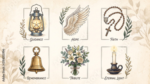 Collection of spiritual symbols for all souls day, including a lantern, angel wing, rosary, bell, flowers, and candle, representing faith and remembrance