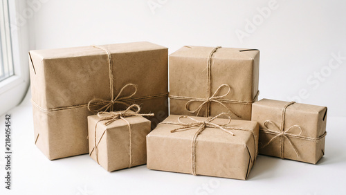 Group of gift boxes wrapped in brown craft paper with twine string isolated on white background