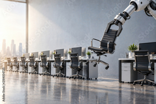 Robotic arm lifts an office chair in a modern workspace. Space for text.