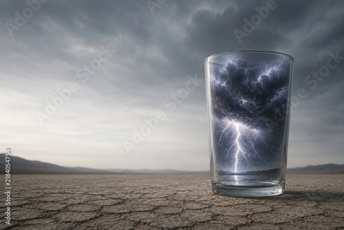 Lightning storm forms inside a clear glass on cracked ground. Space for text.