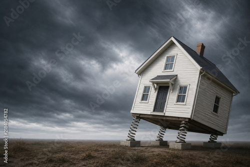 White house stands on large metal springs under storm clouds. Space for text.