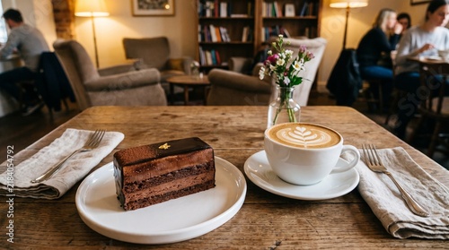 Chocolate cake slice with cocoa dust and heart latte art coffee on wooden café table, cozy warm atmosphere with plants and people.