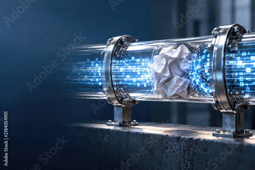 Crumpled paper moves through a glowing digital data pipeline. Space for text.