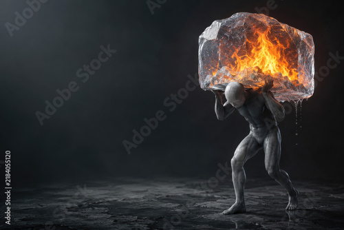 Gray figure carries a transparent ice block filled with flames. Space for text.